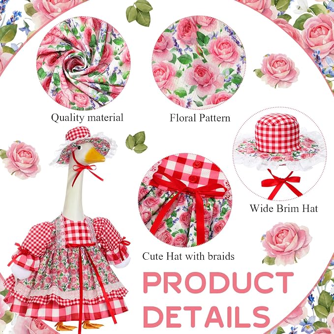 Spring Flower Goose Outfit Daisy Rose Floral Dress for 23'' Cement Plastic Goose Statue for Valentines Day Summer Outdoor Garden Yard Patio Lawn Decor(Red Rose)
