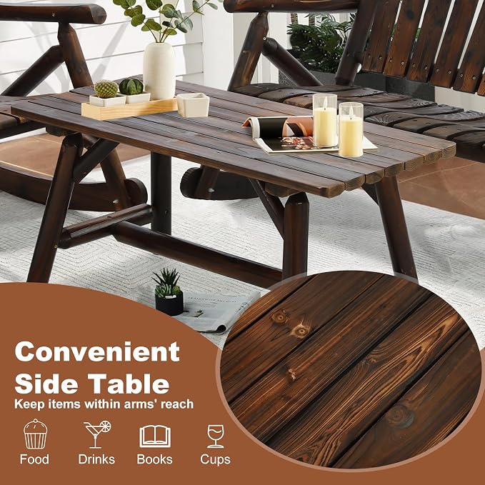 HOMEDIARY Wooden Adirondack Log Side Table, Cedar Wood Outdoor Rectangular End Table w/Slatted Tabletop, Oversize 41.5” Indoor Outdoor Patio Side Coffee Table for Garden Patio Backyard, Carbonized