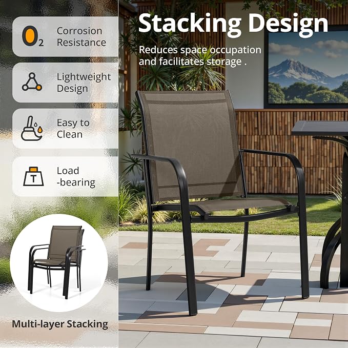 Crownland 7 Piece Patio Dining Set, Textilene Dining Sets, 6 Textilene Metal Chairs and Rectangular Outdoor Dining Table with Sky Blue 9FT Round Outdoor Umbrella (Brown)