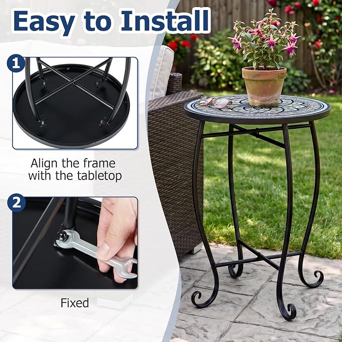 Giantex Outdoor Side Table, Blooming Lotus Mosaic Patio Accent Table, 14" Coffee End Table, Indoor Outdoor Metal Plant Stand for Porch Garden Balcony Desk