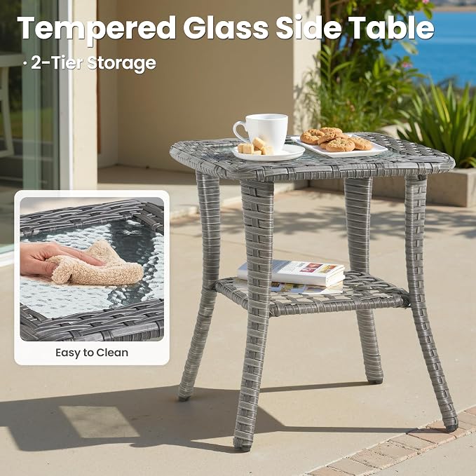 ovios Outdoor Patio Side Table with Tempered Glass Top Wicker Coffee Tables for Garden Porch Yard Deck Balcony, Grey Rattan