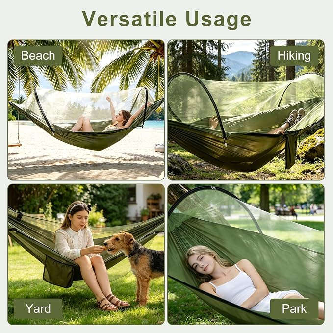 Camping Hammock with Mosquito Net, 3 in 1 Portable Hammock Tent 440lbs Capacity Attached Storage Pocket Single Nylon Hammock Set for Outdoor Travel Camping Hiking Backpacking (Army Green)