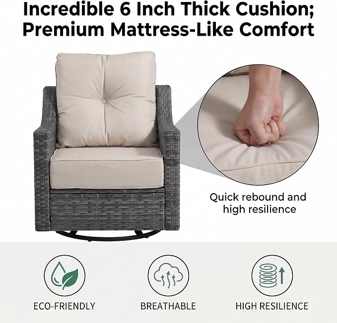 13 Piece Patio Furniture Set with 6" Thick Cushions, Weather-Resistant Wicker Swivel Rocker High Back Chairs and Fire Pit Table for Porch Yard Deck
