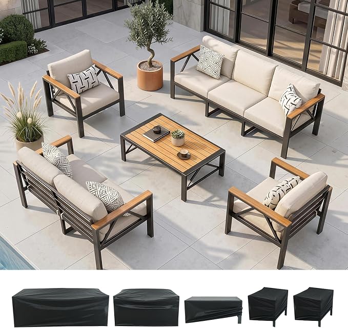INGEROOM 5 Piece Aluminum Outdoor Patio Furniture Set with Waterproof Cover, 7-Seat Patio Conversation Sets with Coffee Table, Outdoor Sectional Furniture Set for Porch, Balcony, Deck, Oatmeal