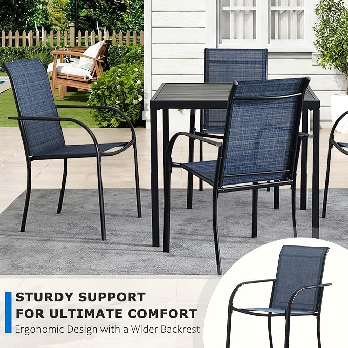 5-Piece Outdoor Dining Set, 35.5" Square Metal Patio Table with Dark Blue Chairs, Black Table with Umbrella Hole for Garden, Yard, Patio