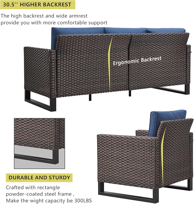 HUMMUH 5 Piece Patio Furniture Set with Fire Pit Table 41in 55,000 BTU,Wicker Outdoor Conversation Sets -Patio Sofa Outdoor Chairs Set of 2 for Porch,Garden,Backyard