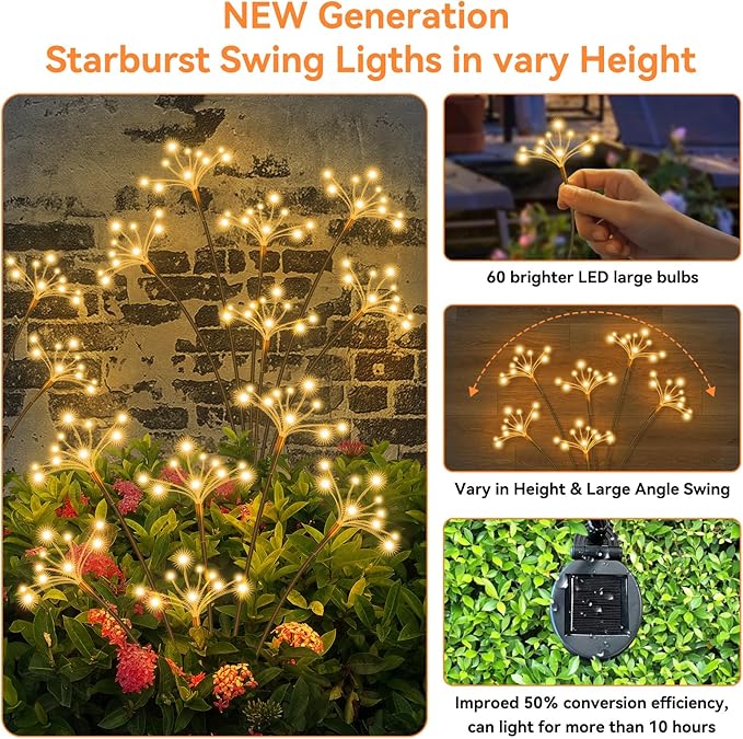 Solar Garden Lights 2 Pack Waterproof Solar Swaying Starburst Light Outdoor Lights for Yard Patio Walkway Pathway Party Wedding Christmas Decoration, Warm White