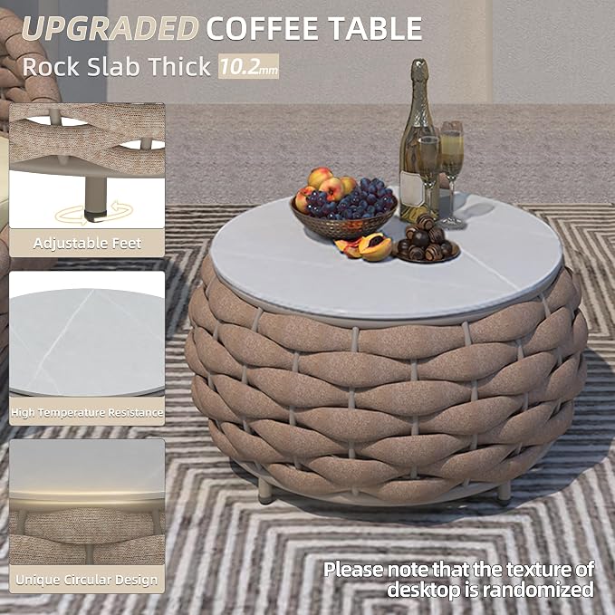 TWT 3 Pieces Aluminum Patio Furniture Set, Hand Woven Textilene Rope Outdoor Sofa Set w/Washable Cushion and Rock Slab Tabletop, Conversation Furniture for Livingroom Poolside Balcony (Light Brown)