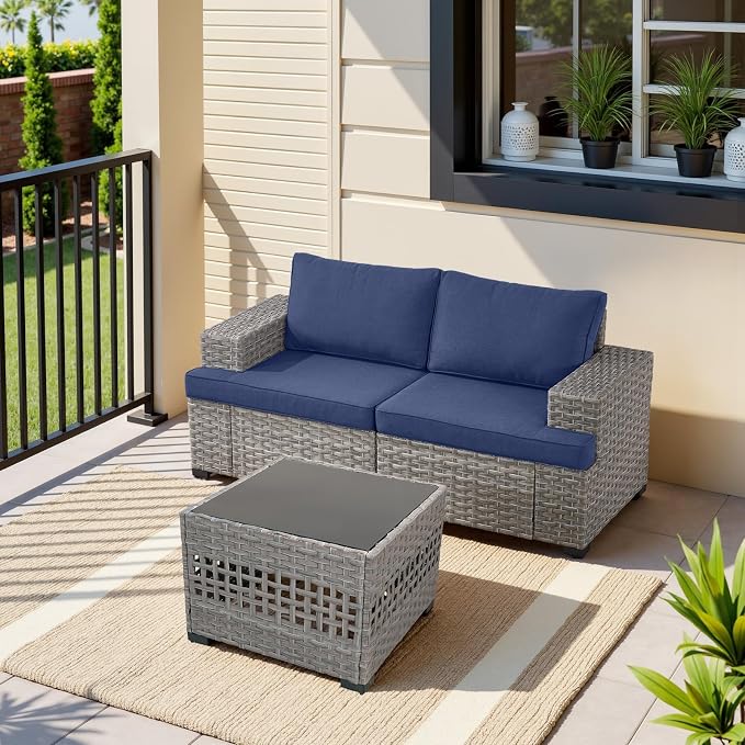 Belord 2 Piece Wicker Outdoor Loveseat with Coffee Table, 10" Wide Armrest Patio Loveseat Sofa Furniture Set for Patio Porch Deck Balcony
