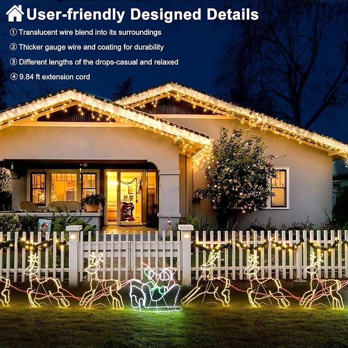 Warm White Christmas Lights Outdoor 99ft 1216 LED Icicle Lights for Outside | Plug in Clear Wire Waterproof Timer Memory for House Eaves Yard Wedding Party Holiday Decorations, 228 Drops String Lights