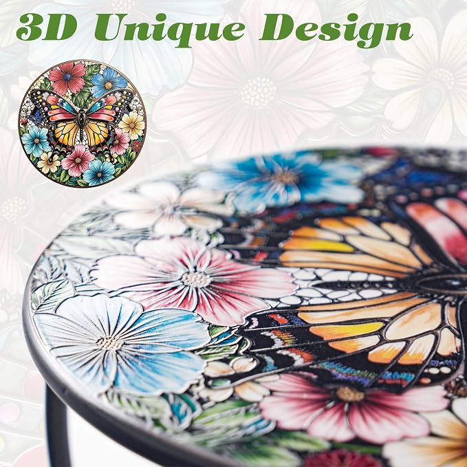 Outdoor Side Table Mosaic Patio Small End Table Metal Coffee Tea Accent Table for Patio Living Room Bedroom Yard Porch Garden (Colourful Butterflies)