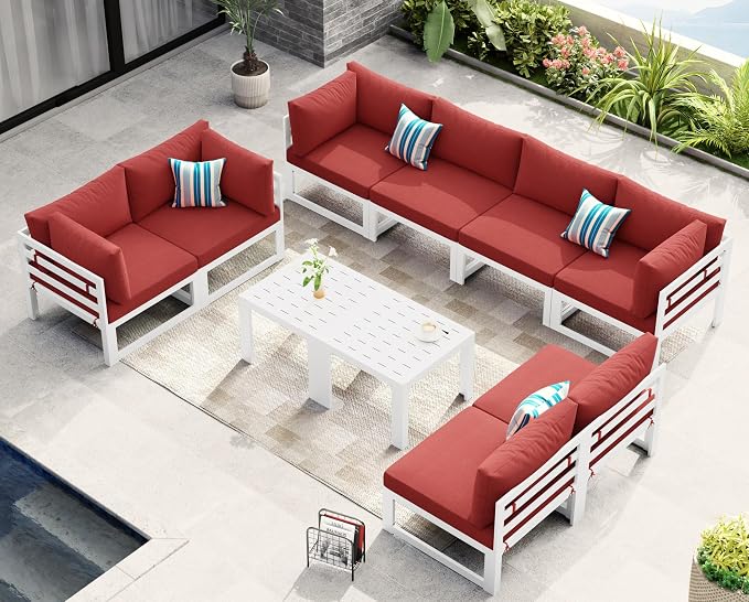 NICESOUL 10 Piece Modern Aluminum Patio Furniture Set, 500 lbs Heavy Duty Durable Outdoor Sectional Sofa, 29" Deep Wide Oversized Seating, L Shaped Comfortable Conversation Couch for Outside Deck, Red