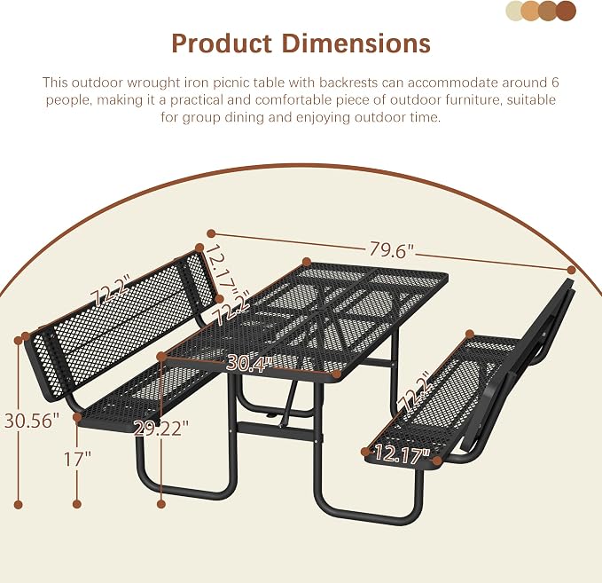 72'' Heavy Duty Outdoor Picnic Table with Backrest - Commercial Grade Rectangular Steel Picnic Table Set, Umbrella Hole, Rust-Resistant Metal Mesh Tabletop for Patio, Garden, Park, BBQ - Black