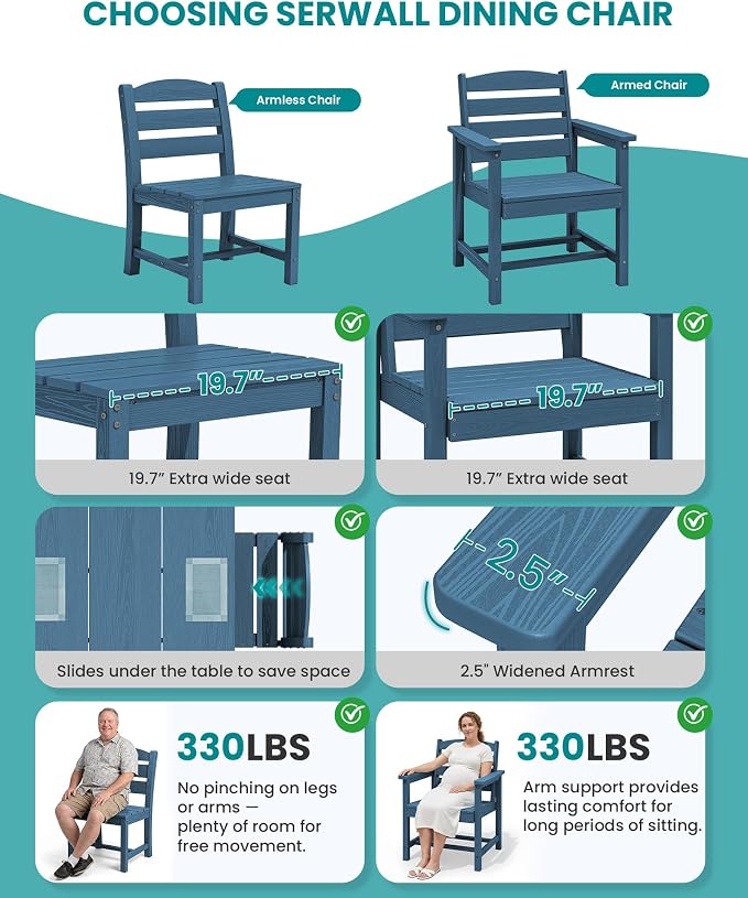 SERWALL 59" HDPE Outdoor Dining Set for 10, w/ 2 Tables & 10 Chairs, Blue | All Weather Resistant HDPE Dining Sets for Patio, Garden, Backyard