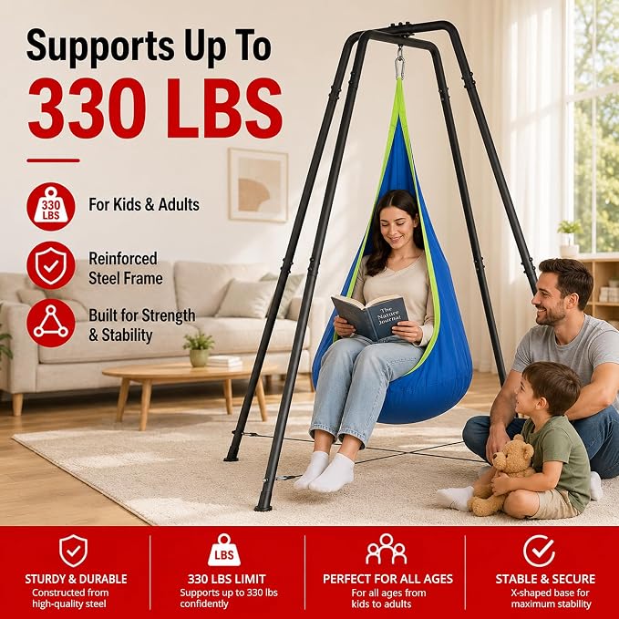 Sensory Pod Hammock with Stand, X-Shaped Anti-Tip Base, Kids Indoor Nest, Outdoor Hanging Chair, Heavy-Duty Steel Frame, Secure 330LBS Comfort, Adults Calm Relax, Family Rooms Gardens Backyards, Blue