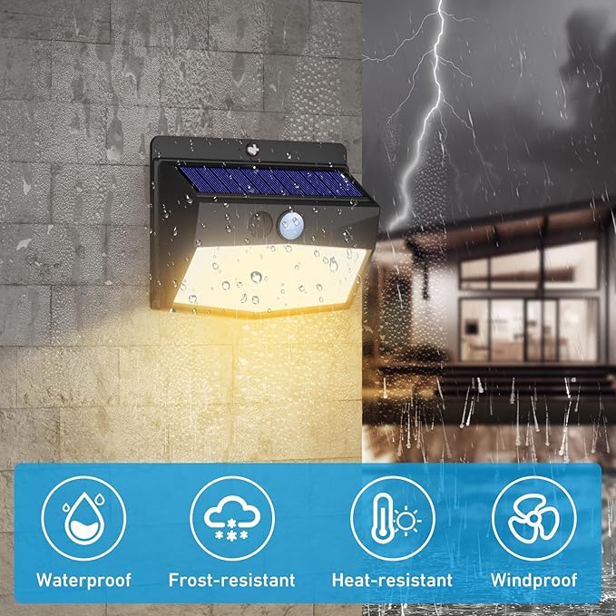 Solar Outdoor Lights, [4 Packs] Motion Sensor Security Lights with 3 Lighting Modes Wall Lights Waterproof Solar Powered Lights for Garden Yard, Warm