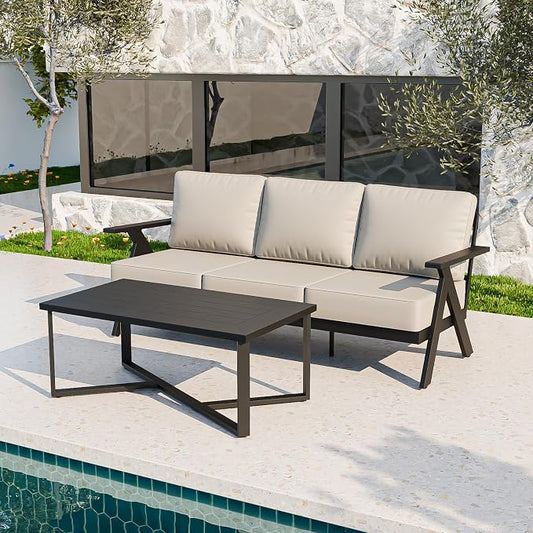 COOS BAY Iron Luxe 2 Piece Outdoor Patio Furniture Set, Modern Patio Conversation Set with a 3 Seat Couch & Coffee Table for Deck, Garden, Porch, Black/Beige