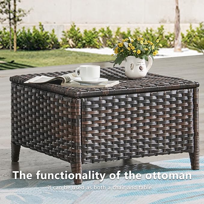 Rilyson Luxury Outdoor Wicker Patio Ottomans Set of 2, 250 lbs Capacity Rattan Large Ottomans for Patio Footrest Set 22.8in*22.8in*14in with 3.5in Thick Cushion (Mixed Grey/Blue)