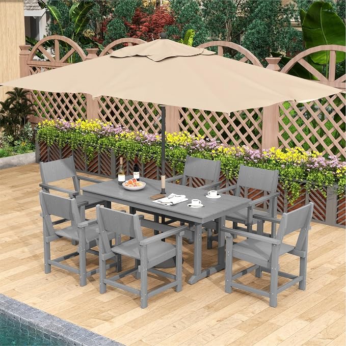 7-Piece HDPE Outdoor Patio Dining Set,Outdoor Table and Chairs,Modern Plastic Dining Sets with Umbrella Hole Cut-Out Table and 6 Chairs Gray
