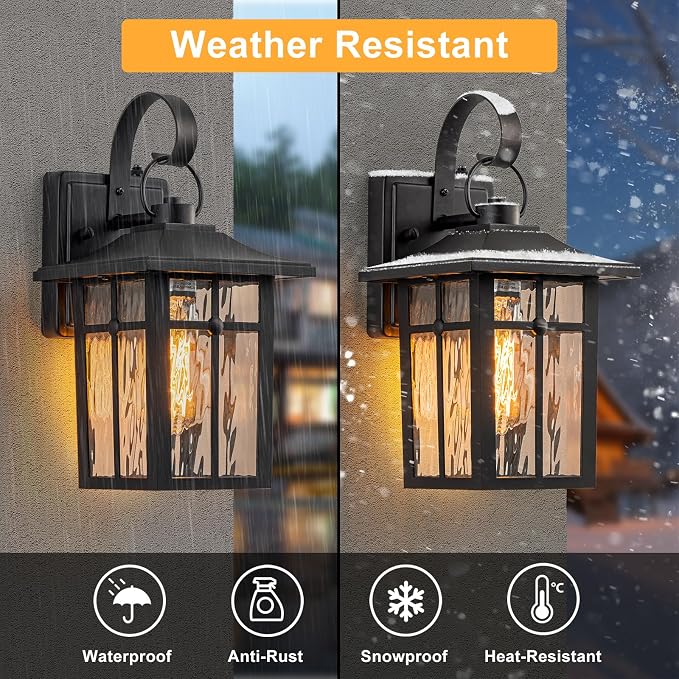 2 Pack Dusk to Dawn Outdoor Wall Lights, Black | Aluminum Exterior Light Fixtures Wall Mount, Ripple Glass, Waterproof Porch Lights, For Entryway, Garage, Patio
