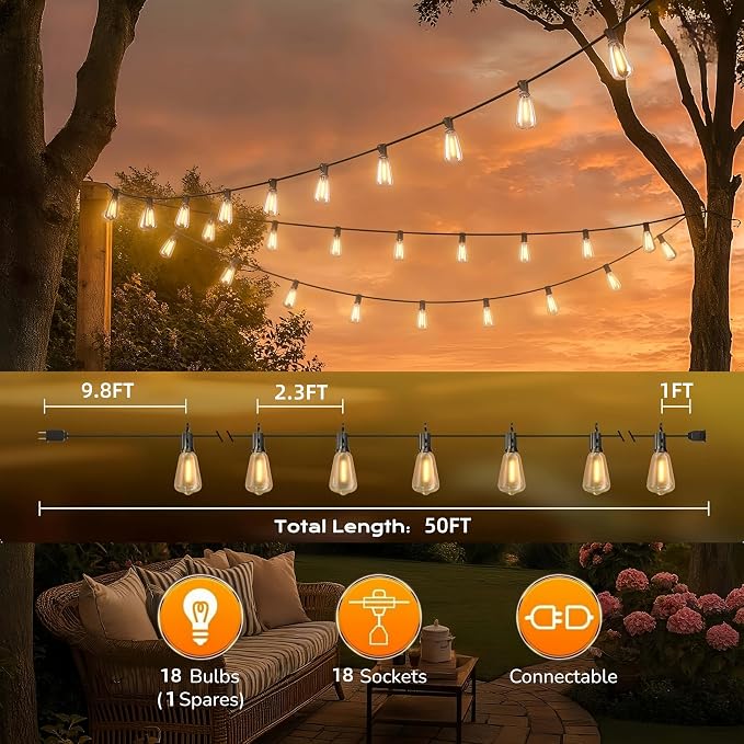 GPATIO Outdoor String Lights, 50FT ST38 Bulbs Shatterproof Patio Lights, Waterproof Dimmable Outside Hanging Light, Connectable LED Outdoor Lights for Backyard, Porch, Party, Garden, Home Decor