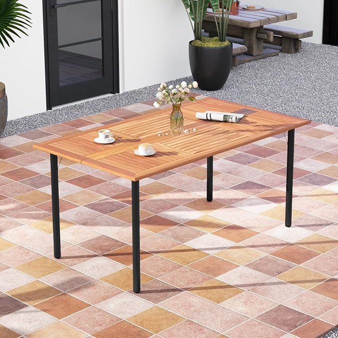 Patio Dining Table for 6 Persons, Acacia Wood Dining Table with 1.9" Umbrella Hole, Slat Tabletop & Metal Frame, Outdoor Dining Table Deck Furniture for Backyard & Lawn