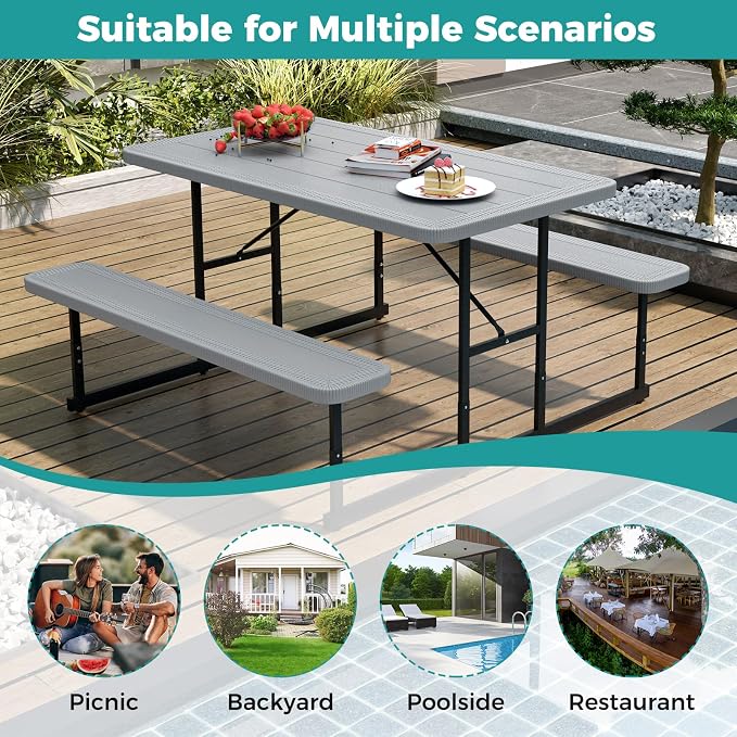 Byroce Outdoor Picnic Table for 4 Person, Rectangular Picnic Camping Table Set with Long Benches, Umbrella Hole & Metal Frame, Heavy Duty HDPE Dining Table Chairs for Patio, Yard & Poolside (Gray)
