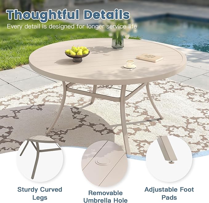DIFY 9 Pieces Outdoor Patio Dining Set for 8, 53" Sandshell Round Metal Dining Table and 8 Sandshell Stackable Sling Dining Chairs, Outdoor Table and Chairs for Lawn Garden Backyard Deck