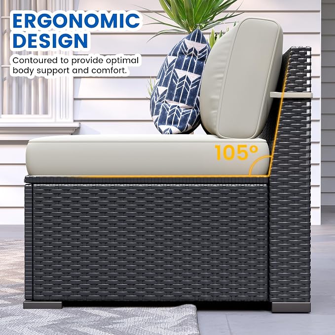 8 Piece Patio Furniture Set with 44” Fire Pit Table All-Weather Wicker Conversation Sectional Sofa & Coffee Table with Thickened Cushions for Backyard, Garden(Khaki)