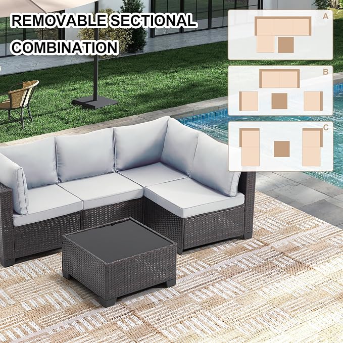 CANMOV 5 Pieces Patio Furniture Sets, All Weather Outdoor Patio Conversation Set, Wicker Sectional Rattan Sofa Couch with Glass Coffee Table and Washable Cushions for Backyard Garden, Porch,Light Grey
