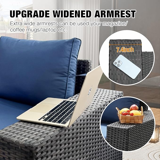 JOYURE 9 Pieces Patio Furniture Set All-Weather Outdoor Wicker Sectional Conversation Sofa Rattan Patio Seating Sofa with Cushion and Glass Table and Ottoman for Porch Poolside,Navy
