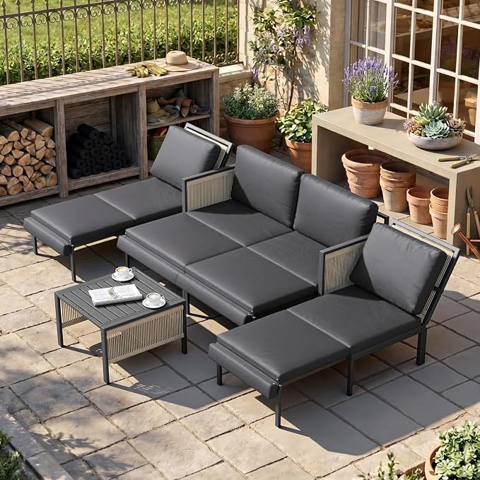 U-MAX Aluminum Patio Furniture Set 4 Seats Outdoor Sectional Couch with Coffee Central Table Patio Conversation Sets for Porch Deck (Dark Grey, with Retractable Sofa Couch and Single Sofa)