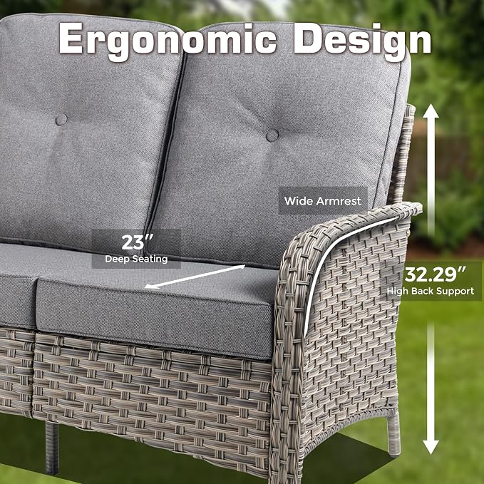 7-Piece Outdoor Patio Furniture Set with Ottomans 3 Seater Couch,All Weather Wicker Rattan Patio Seating Sofa and Chair Set with Ottomans,Outdoor Conversation Sets for Porch Deck Yard,Grey