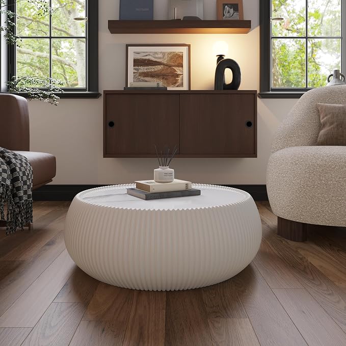 27.55" Round Coffee Table with Marble Top, Luxury Sintered Stone Coffee Table PU Leather Drum Center Tables Circle Cocktail Tea Table for Living Room Apartment No Assembly Cream White