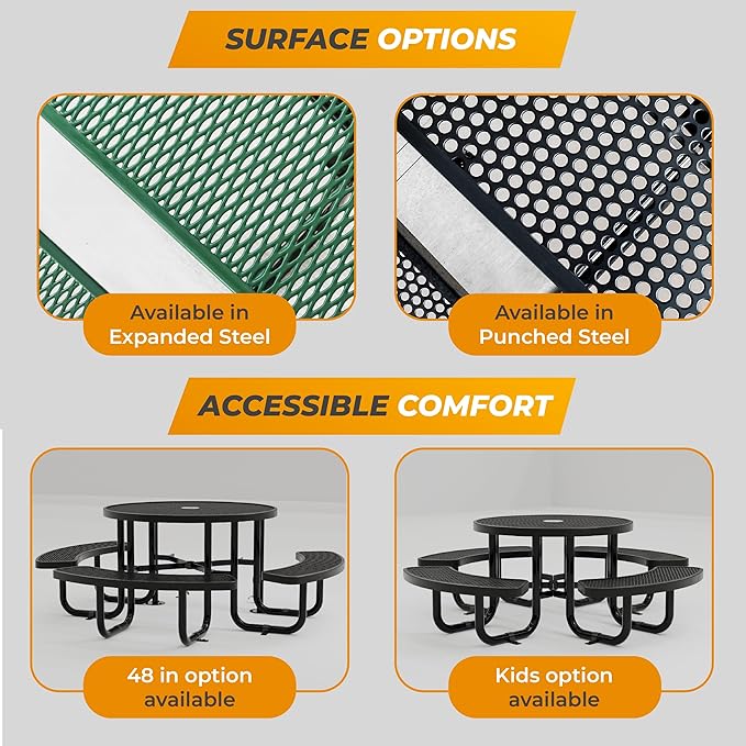 Round Metal Picnic Tables for Kids for Outdoors with Umbrella Hole, Adjustable Seats for School, Park, Playground(Blue, 38 in, Kids, Expanded Steel)