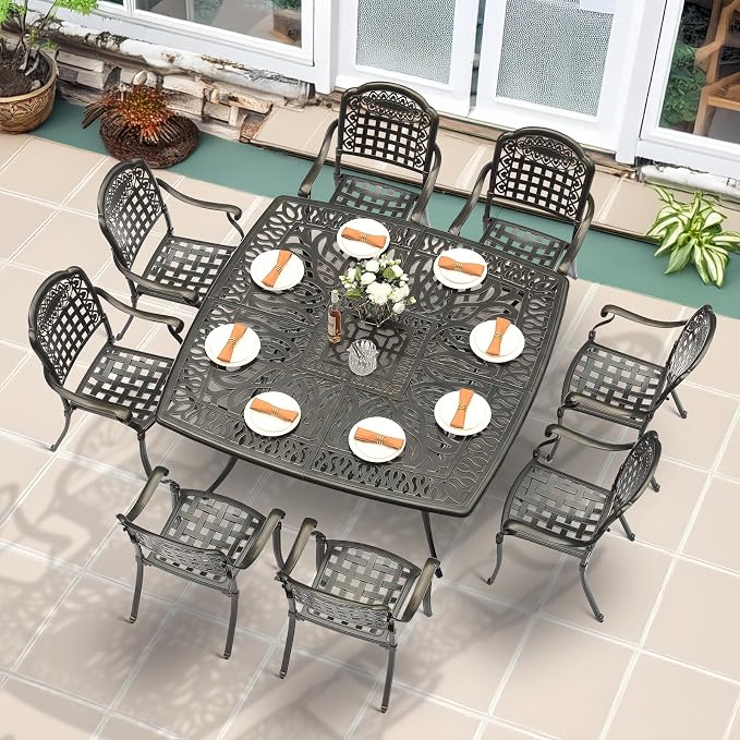 MEETWARM 9-Piece Outdoor Furniture Dining Set for 8, All Weather Cast Aluminum Patio Dining Set- Large 64" Square Table and 8 Chairs, Patio Table and Chairs Set for Garden, Umbrella Hole, Dark Bronze