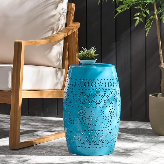 12" Outdoor Side Table, Metal Cutout Drum Side Table, Patio Garden Stool | Coffee End Tables for Small Spaces, Living Room, Backyard, Poolside