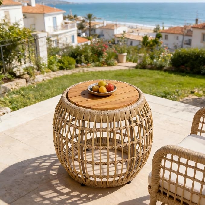 Christopher Knight Home Thalton Outdoor Side Table with Faux Wicker, Acacia Wood End Table, Round Patio Side Table, Accent Table for Garden Balcony Poolside and Indoor Use, Garden Stool, Light Brown