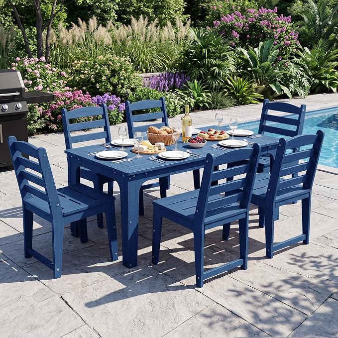HDPE Outdoor Dining Table & Chairs Set for 6 Person, Blue(7-Piece) | Weather-Resistant Patio Furniture Set with Metal Support Bars and Umbrella Hole Cut-Out for Poolside Garden Backyard Deck