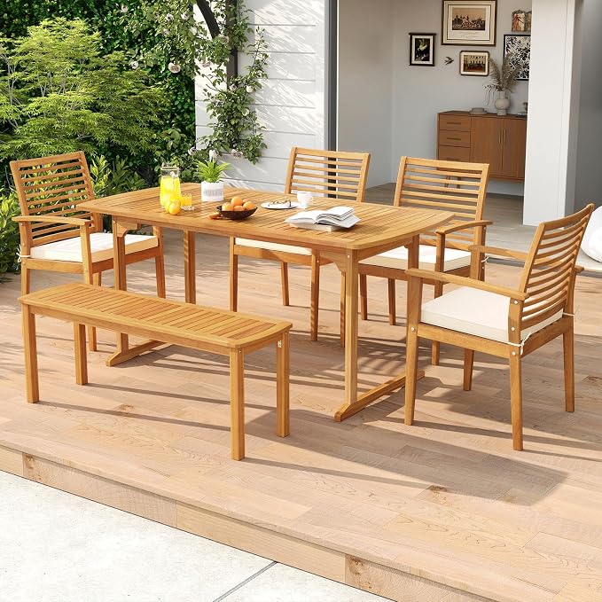 Tangkula 63-Inch Acacia Wood Outdoor Dining Table, 4-6 People Large Patio Table with Umbrella Hole & Slatted Tabletop, Rectangular Outside Table for Backyard, Garden, Porch, Deck