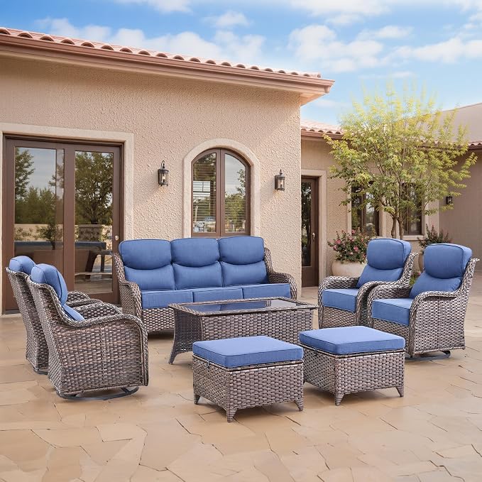 Swivel Patio Chairs sofa Set of 5 with 6" Thick Cushion - Wicker Outdoor Swivel Rocker Patio Chair with Side Table, High Back Comfortable Outdoor Glider Chairs - Brown Wicker | Blue Cushions