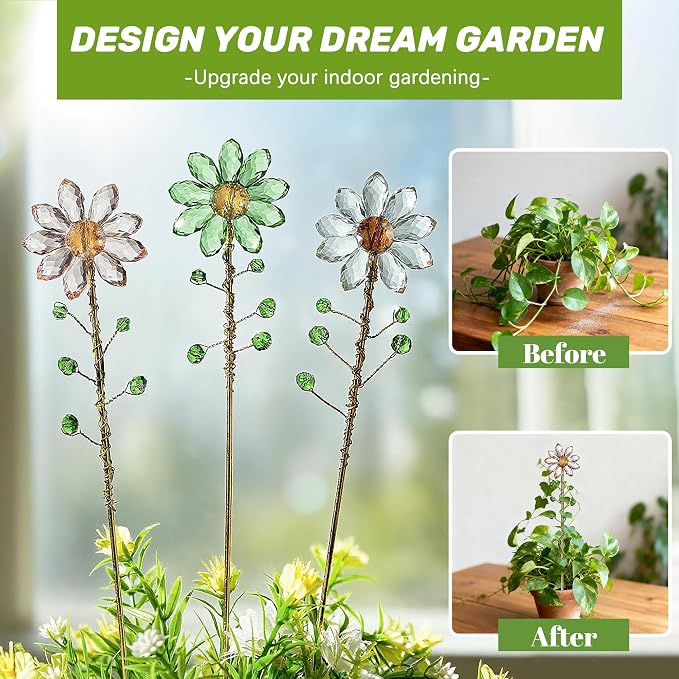 3Pcs Crystal Sunflower Suncatchers with 13'' Gold Trellis Metal Plant Stake | Glass Plant Suncatcher Garden Stakes for Indoor Outdoor Garden Potted Plants Decorations Plant Lover Gift(Clear, Green, Pink)