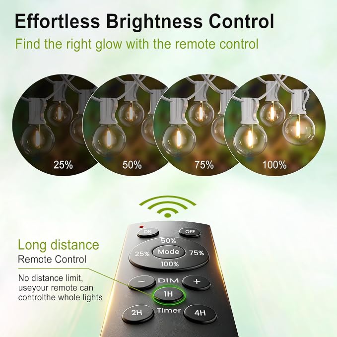 Outdoor String Lights White 75FT 75 Bulbs(1 FT Apart) with Remote for Patio | Waterproof Linkable Outside Lights with Remote Dimmer Timer &3 Lighting Modes for Backyard Bistro Garden Porch Wedding Deck
