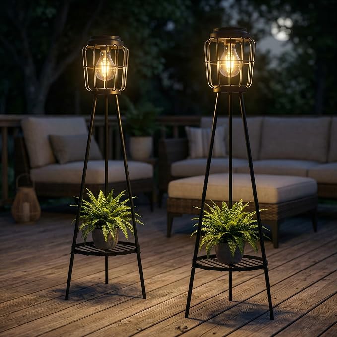 VISFLAIR 2 Pack Solar Lights with Plant Stand, Outdoor Floor Lamp, Waterproof Solar LED Edison Bulb Floor Lamps for Patio Porch Deck Yard Garden Decor