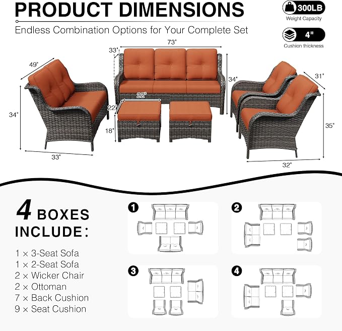Joyside 6 Piece Wicker Patio Furniture Set, Rattan Patio Chairs with High Back, Deep Seating, Wide Armrest, Thickened Cushions, Outdoor Furniture for Deck, Porch Use