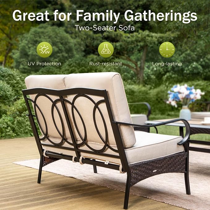 PHI VILLA Outdoor Porch Furniture Set, Upgraded Wicker & Metal Deep Seating Patio Furniture Conversation Set with Waterproof Thick Cushions for Balcony, Yard (4 Pieces,Beige)