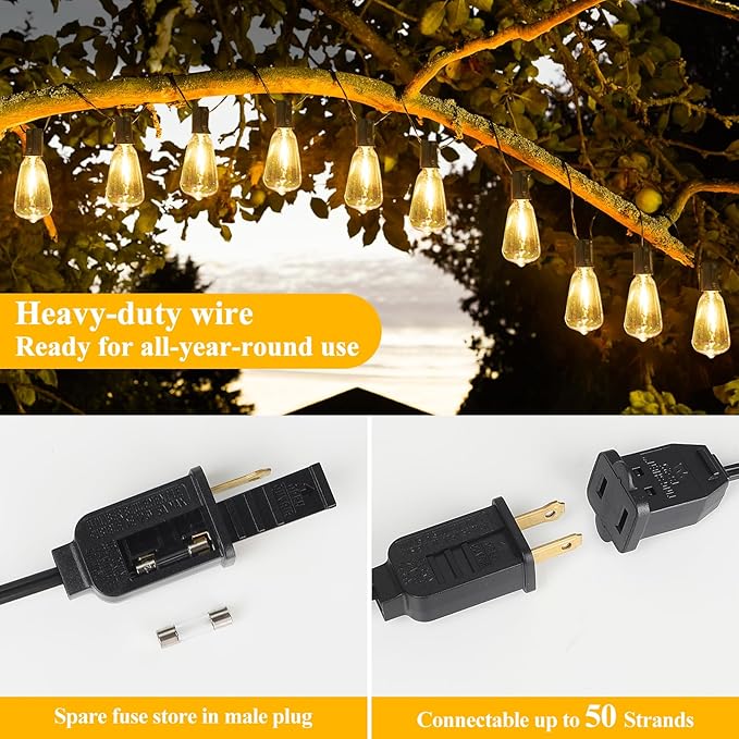 Brightever 30FT LED Outdoor String Light with 16 ST38 Vintage Edison Shatterproof Bulbs, Commercial Grade Patio Lights Connectable, Waterproof Hanging Lights for Balcony, Backyard, Warm White