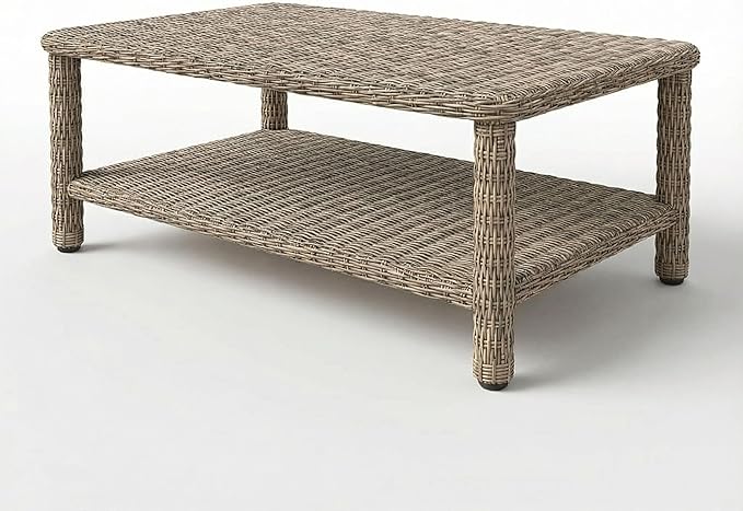 Martha Stewart Lily Pond Rattan Wicker Indoor-Outdoor Patio Coffee Table with Lower Storage Shelf in Weathered Gray