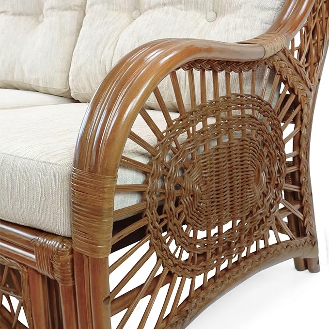 Malibu Lounge Set of 4: 2 Natural Rattan Wicker Chairs, Three-Seater Sofa with Cushions, and Coffee Table with Glass Handmade, Colonial Color