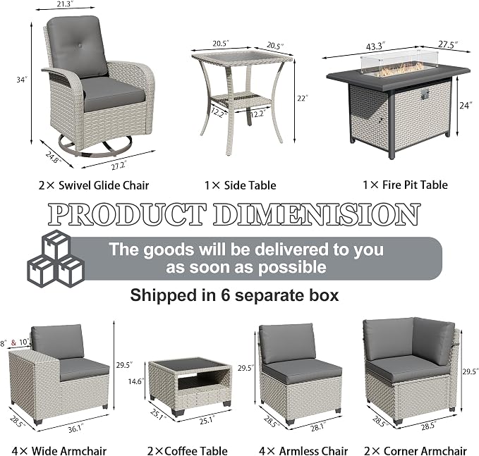 16-Piece Outdoor Patio Furniture Set, Modular Sectional Sofa Set with Swivel Rocker Chairs & Fire Pit, Wicker Outdoor Couch Conversation Sets w/Coffee Table and Cushions, Gray